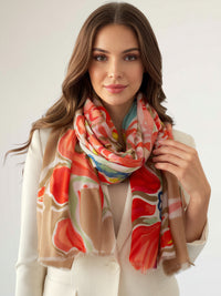 LARGE BEIGE ORANGE BRIGHT FLORAL COTTON MIX SCARF
