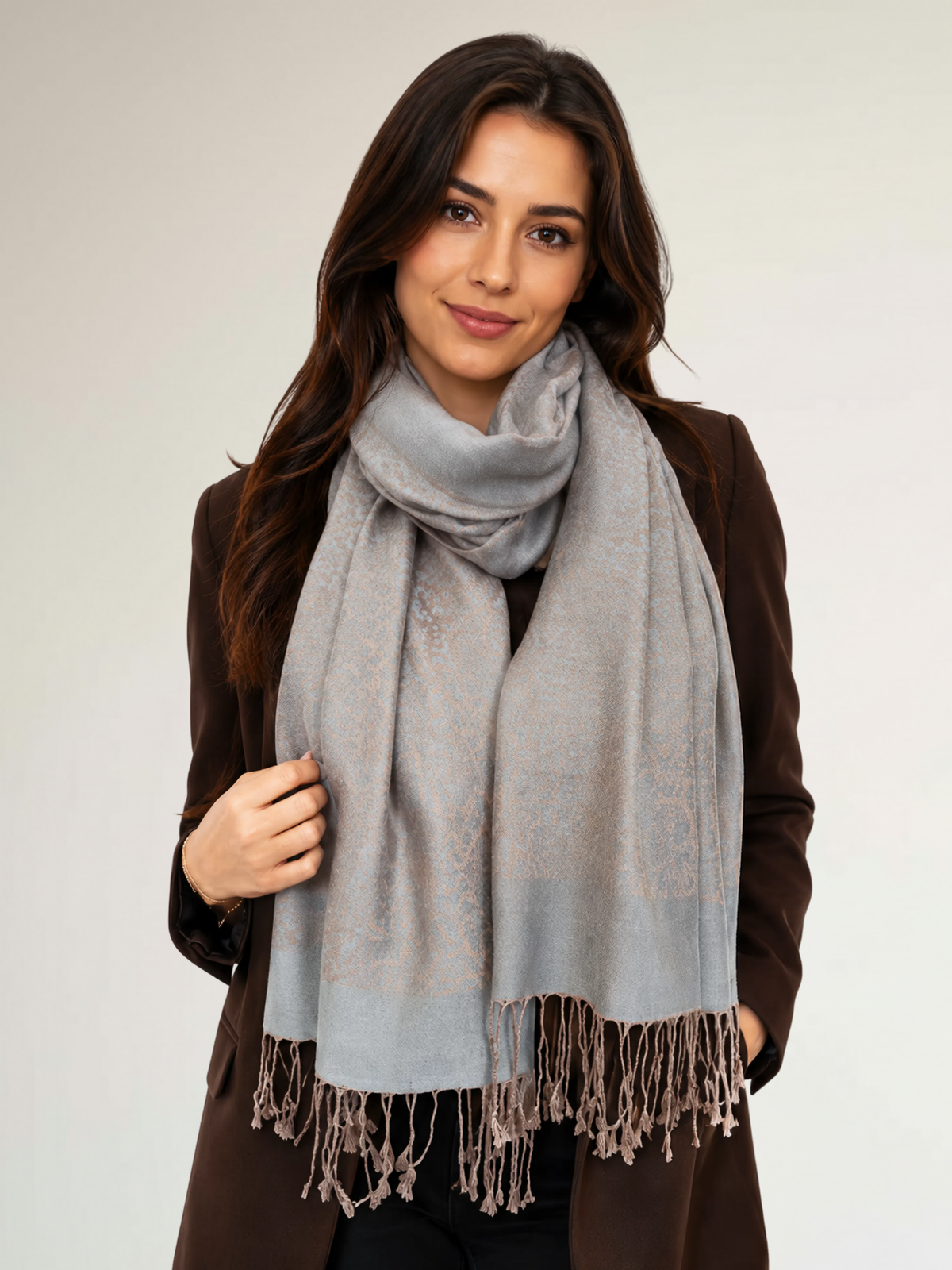 MOCHA GREY PAISLEY PRINT REVERSIBLE PASHMINA SHAWL SCARF - A-SHU.CO.UK