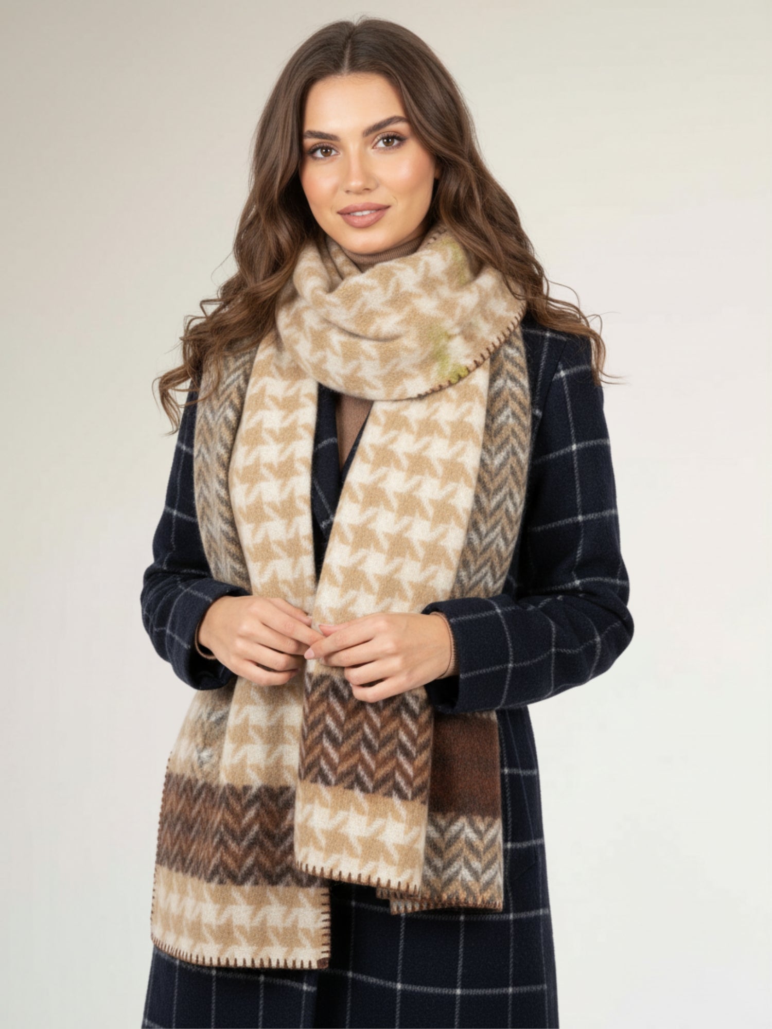 CHUNKY CREAM TARTAN HERRINGBONE STITCHED EDGE SCARF