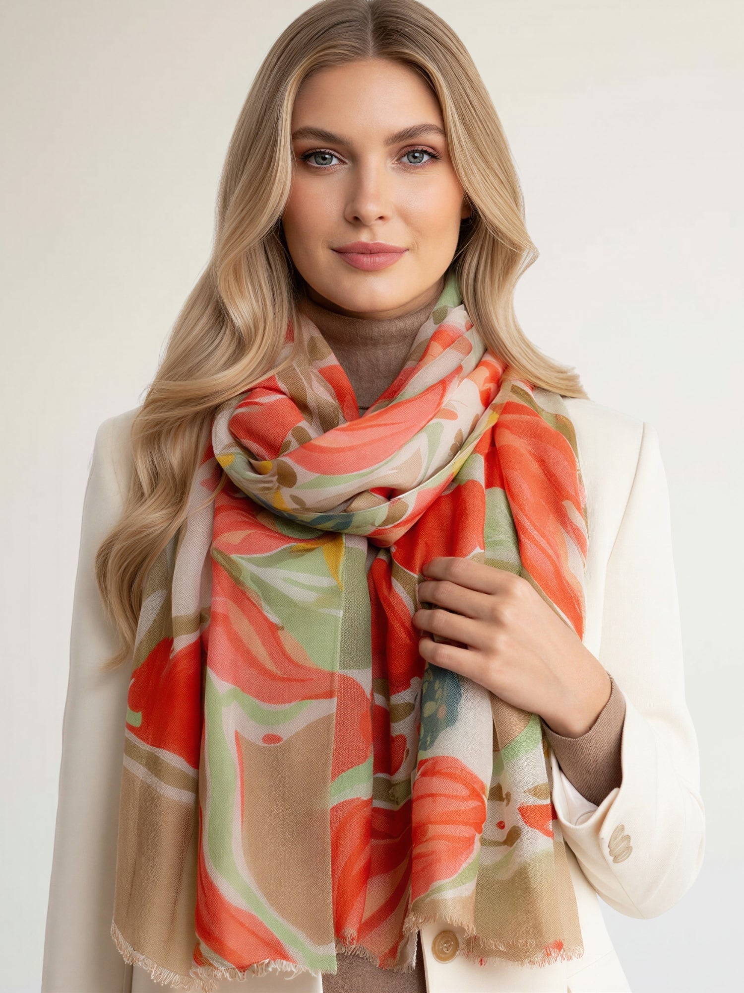LARGE BEIGE ORANGE BRIGHT FLORAL COTTON MIX SCARF