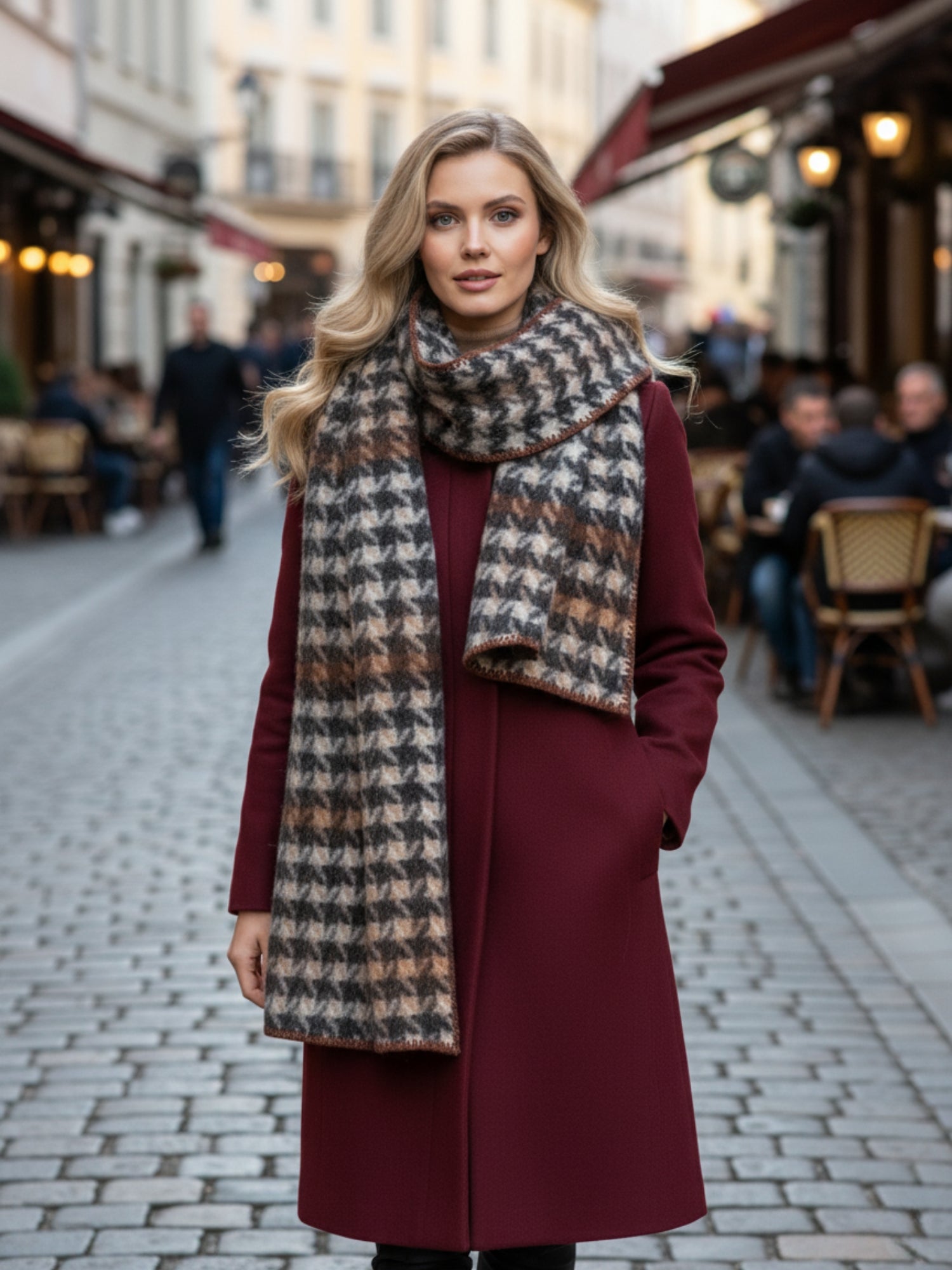 CHUNKY BLACK TARTAN HERRINGBONE STITCHED EDGE SCARF