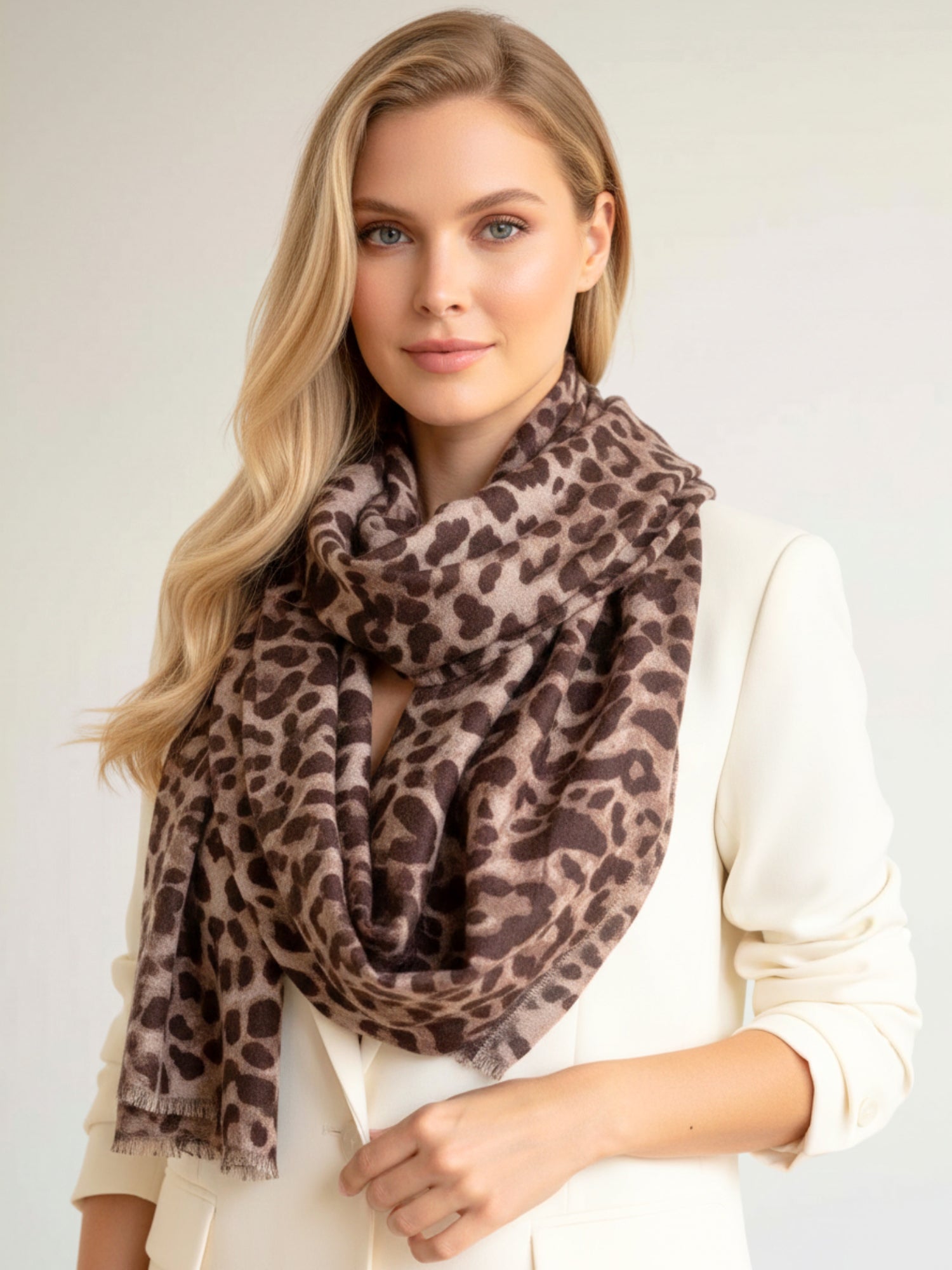 LARGE MOCHA BEIGE LEOPARD PRINT SCARF