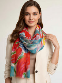 LARGE TEAL FUCHSIA BRIGHT FLORAL COTTON MIX SCARF