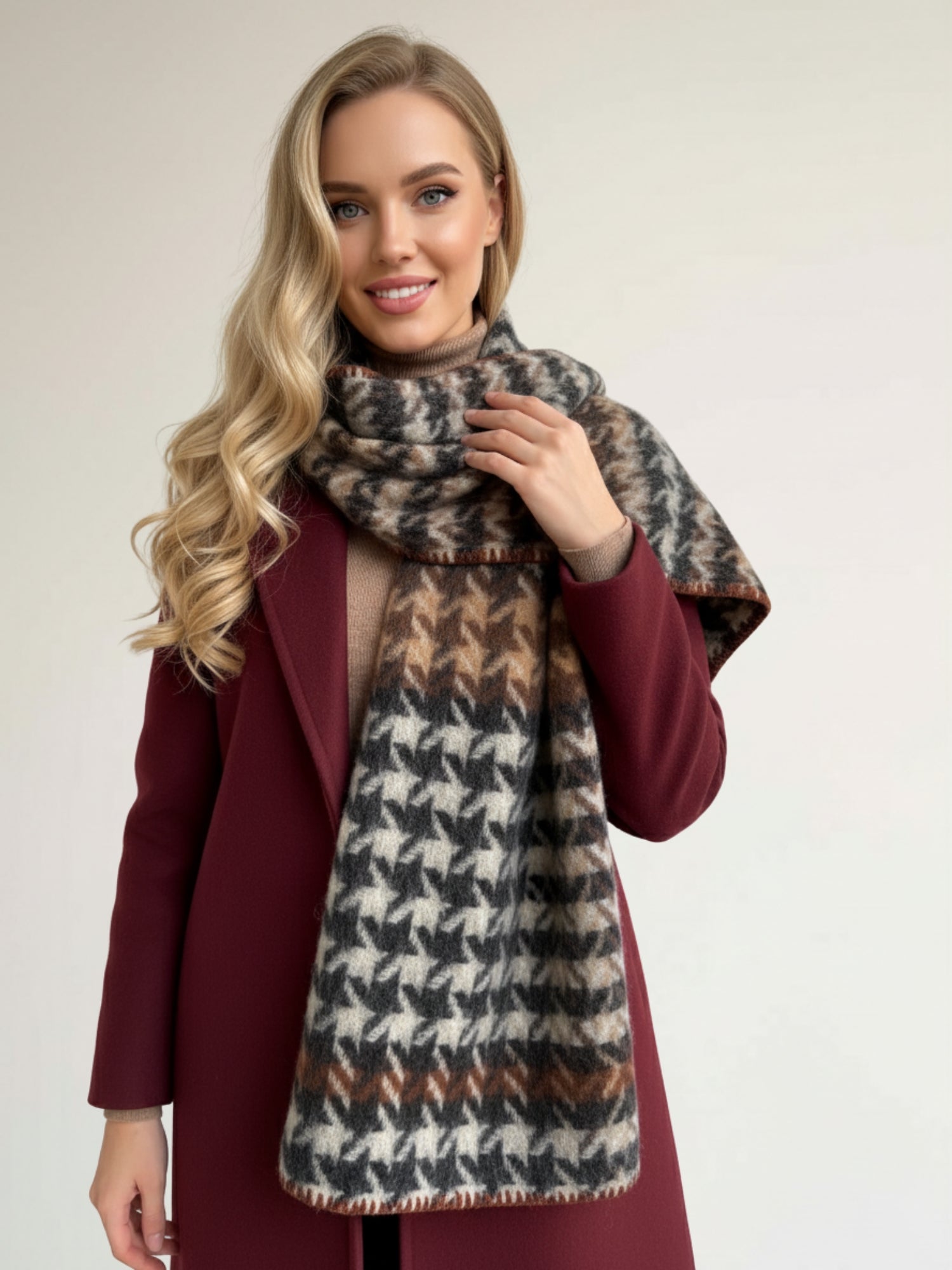 CHUNKY BLACK TARTAN HERRINGBONE STITCHED EDGE SCARF