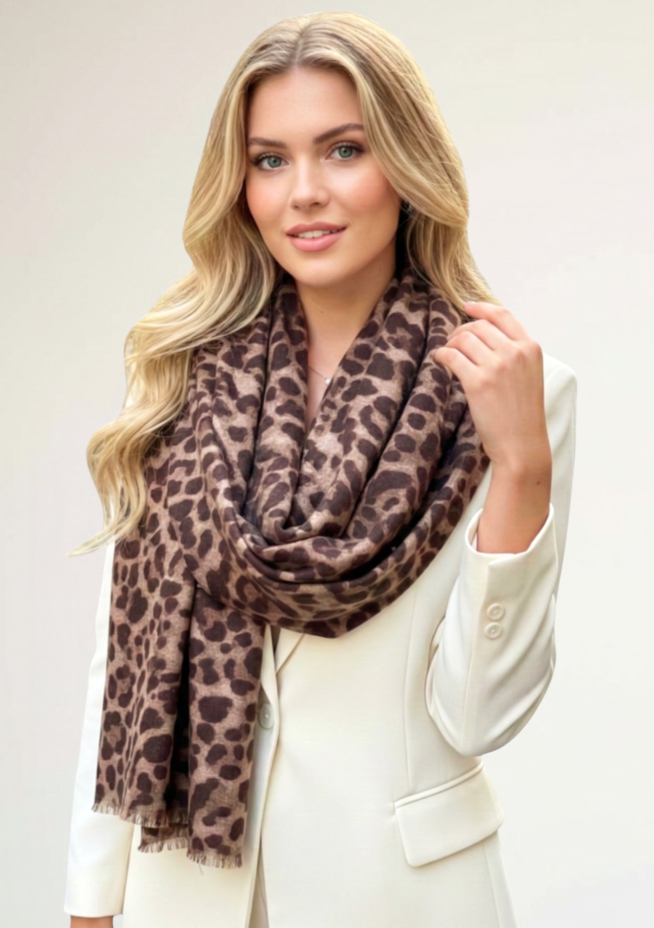 LARGE MOCHA BEIGE LEOPARD PRINT SCARF
