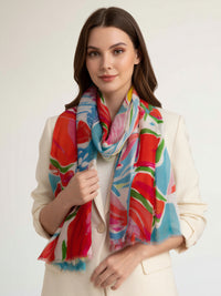 LARGE TEAL FUCHSIA BRIGHT FLORAL COTTON MIX SCARF