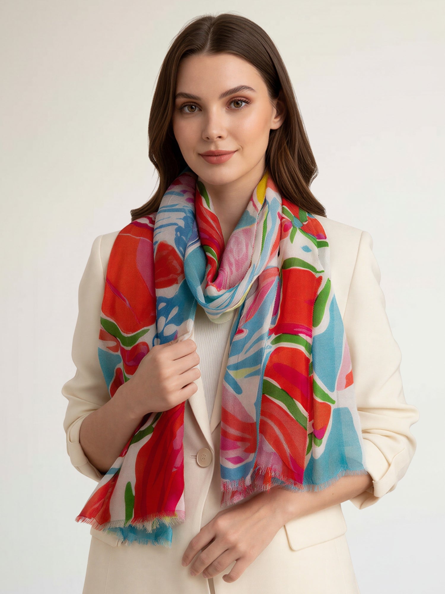 LARGE TEAL FUCHSIA BRIGHT FLORAL COTTON MIX SCARF