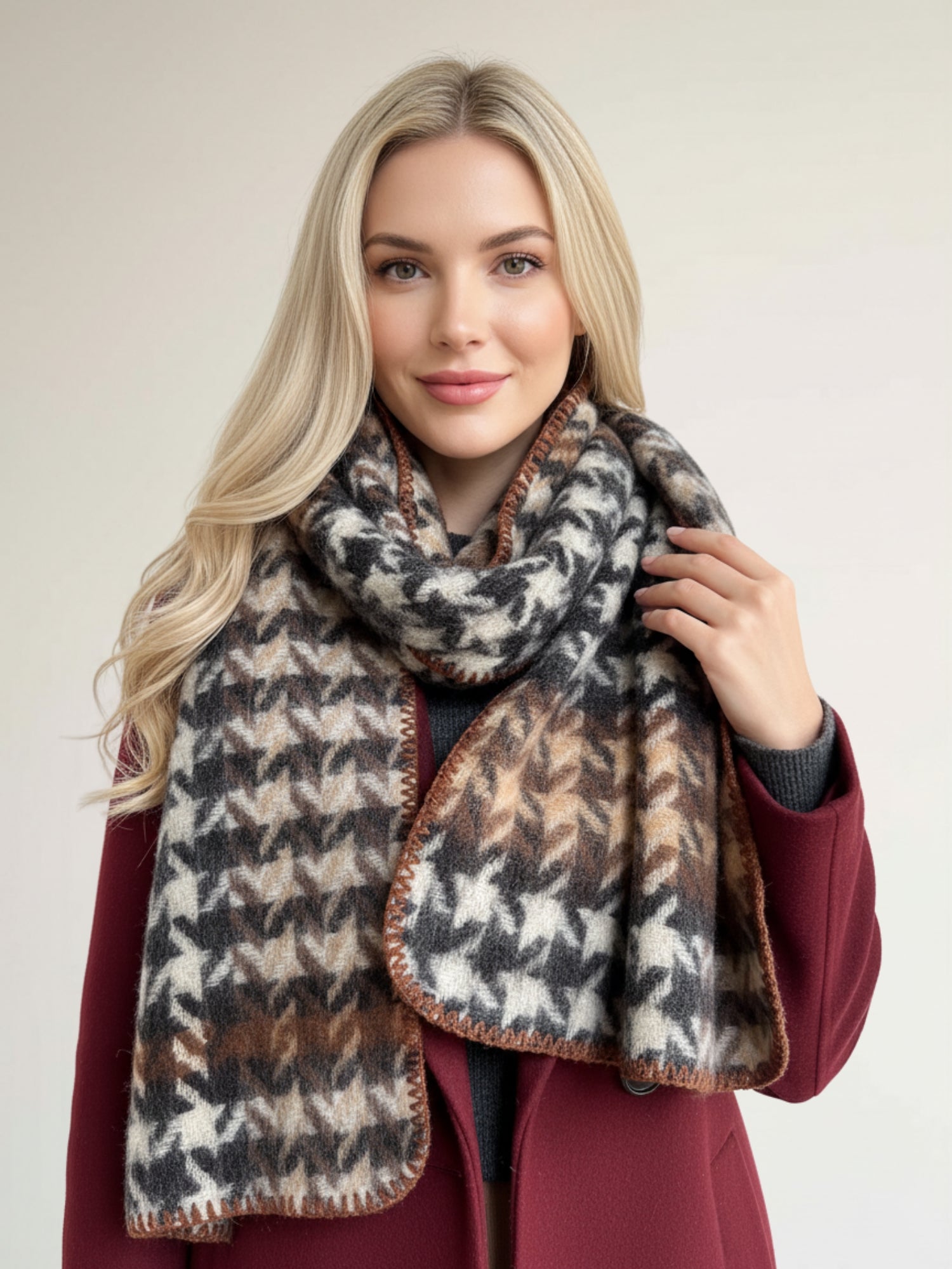 CHUNKY BLACK TARTAN HERRINGBONE STITCHED EDGE SCARF