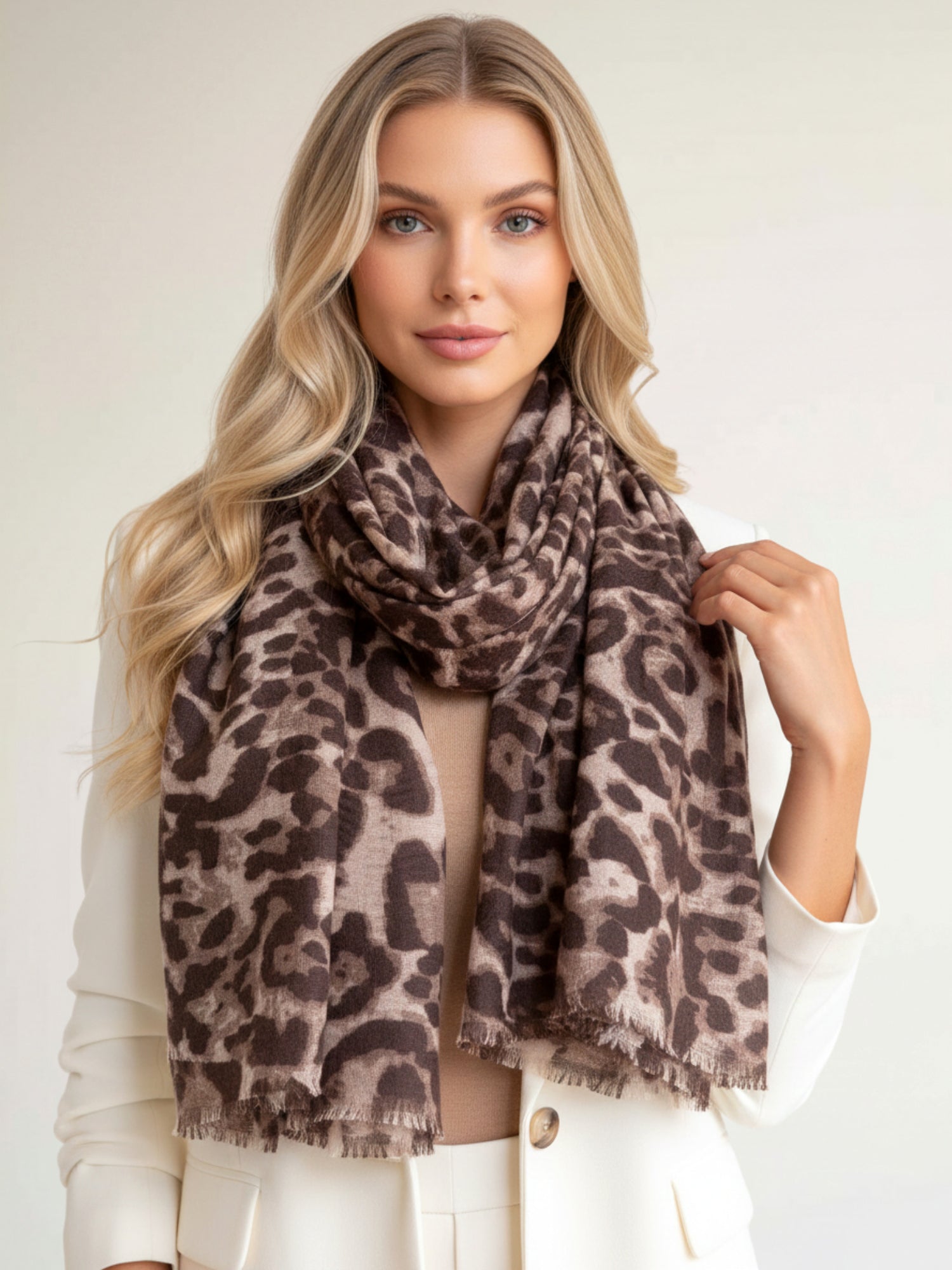 LARGE MOCHA BEIGE LEOPARD PRINT SCARF