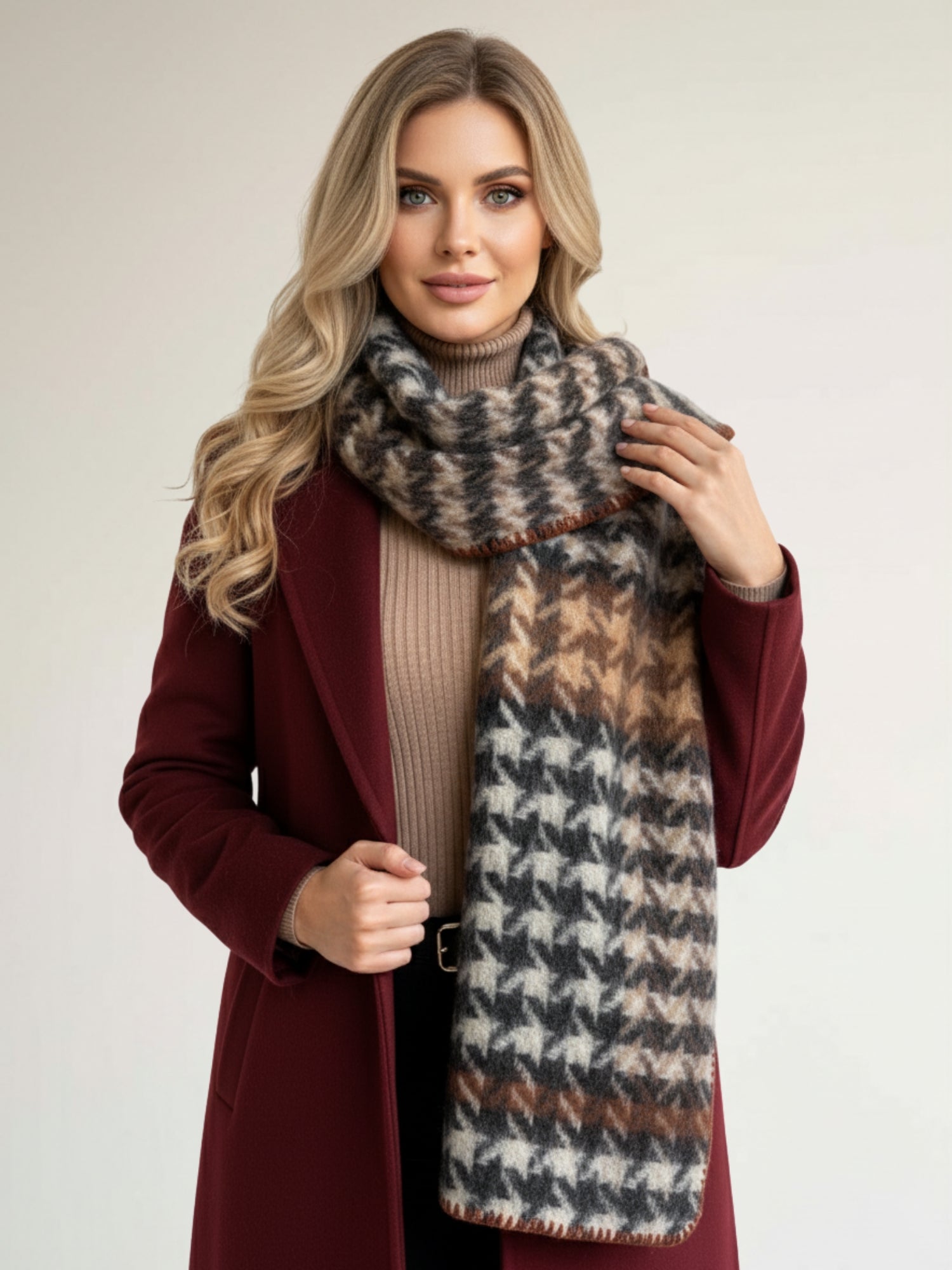 CHUNKY BLACK TARTAN HERRINGBONE STITCHED EDGE SCARF