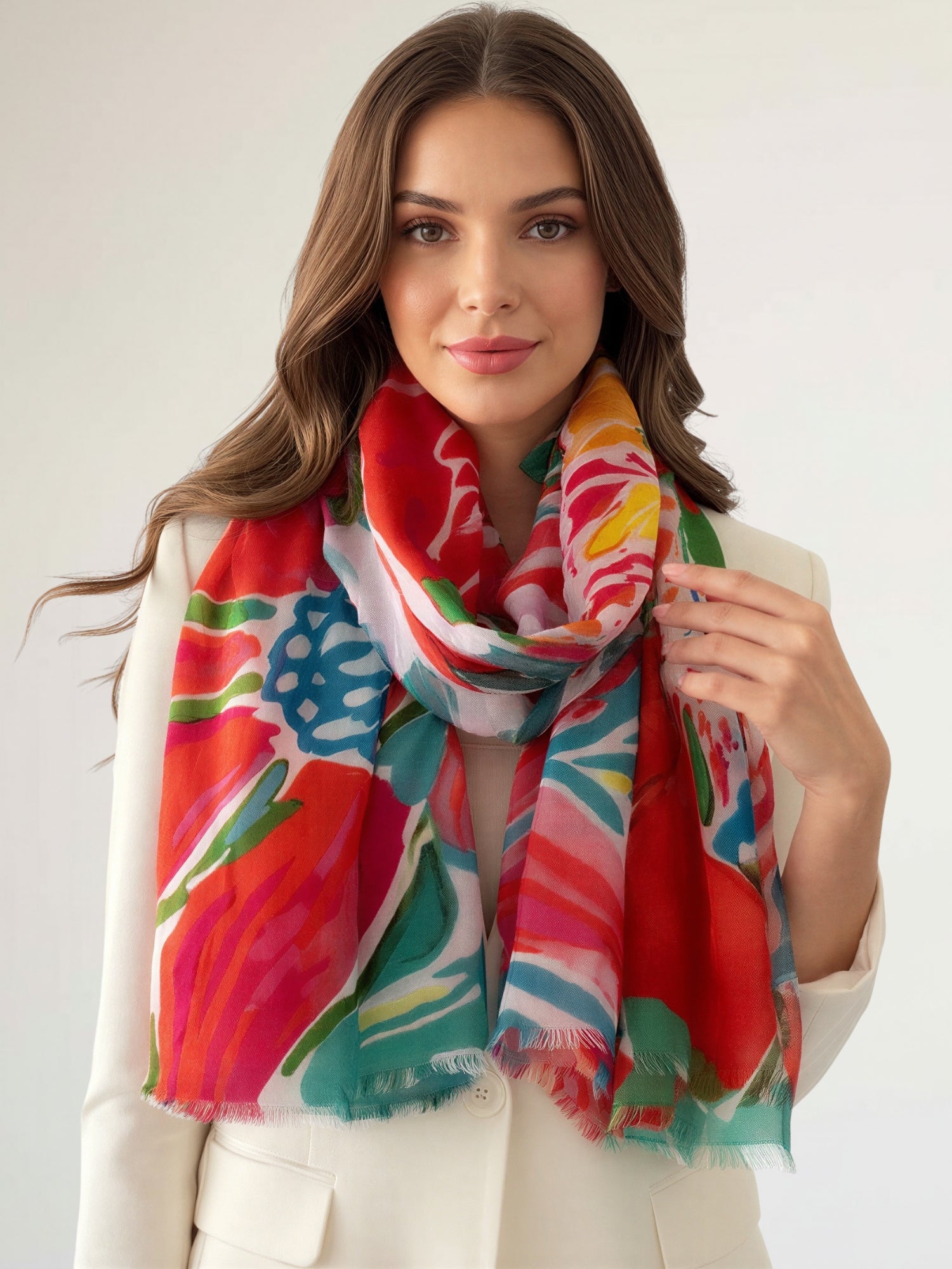 LARGE TEAL FUCHSIA BRIGHT FLORAL COTTON MIX SCARF