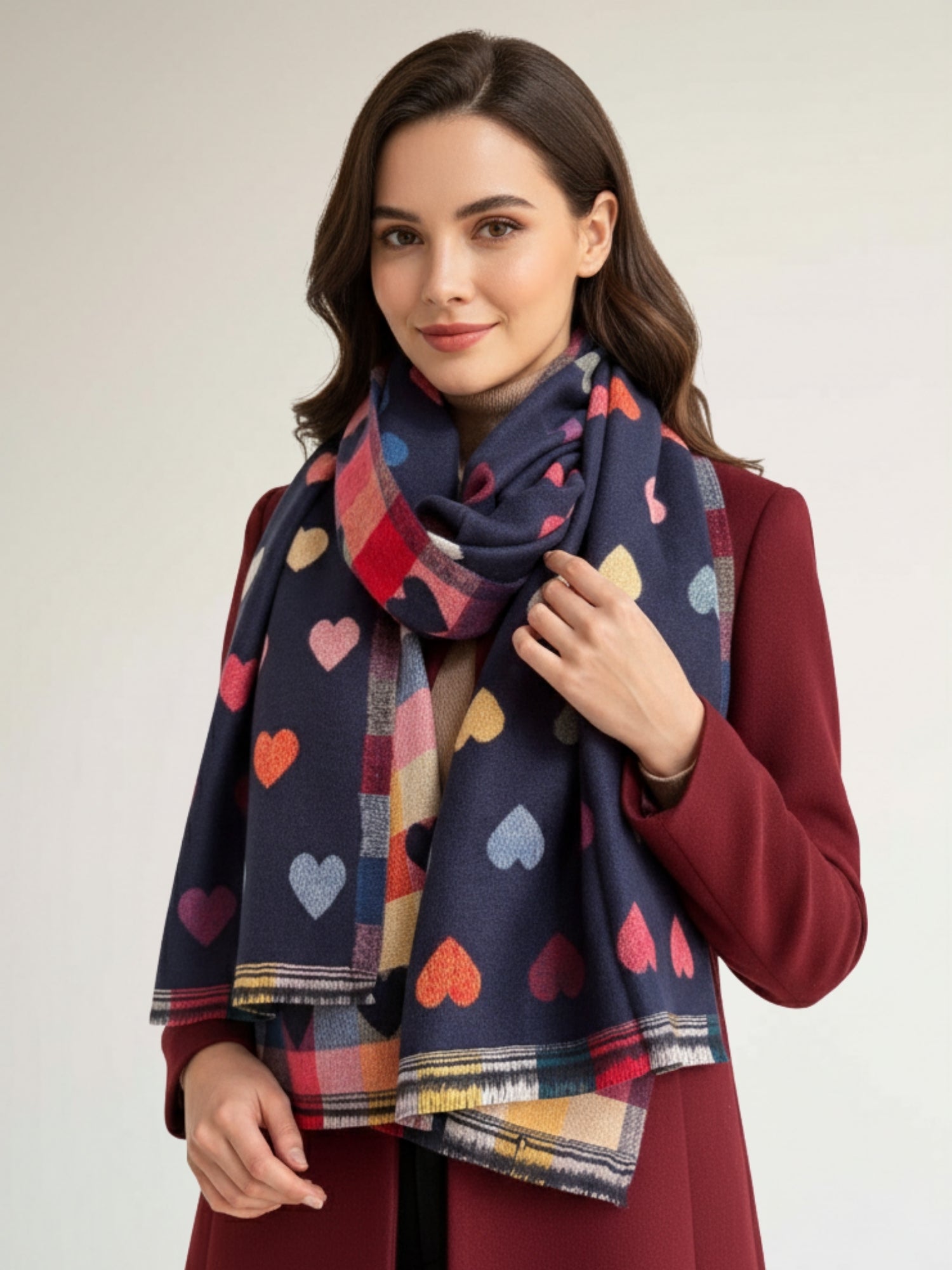 LARGE CHECKED HEART PRINT REVERSIBLE WINTER SHAWL BLANKET SCARF - NAVY BLUE