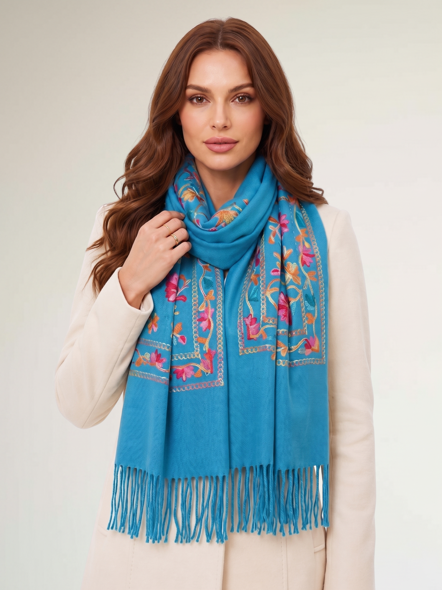 LARGE BLUE FLOWER PRINT CASHMERE COTTON BLEND WINTER SHAWL BLANKET SCARF