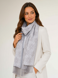 LARGE SILVER FLORAL DAISY PRINT GEOMETRIC REVERSIBLE PASHMINA SHAWL SCARF
