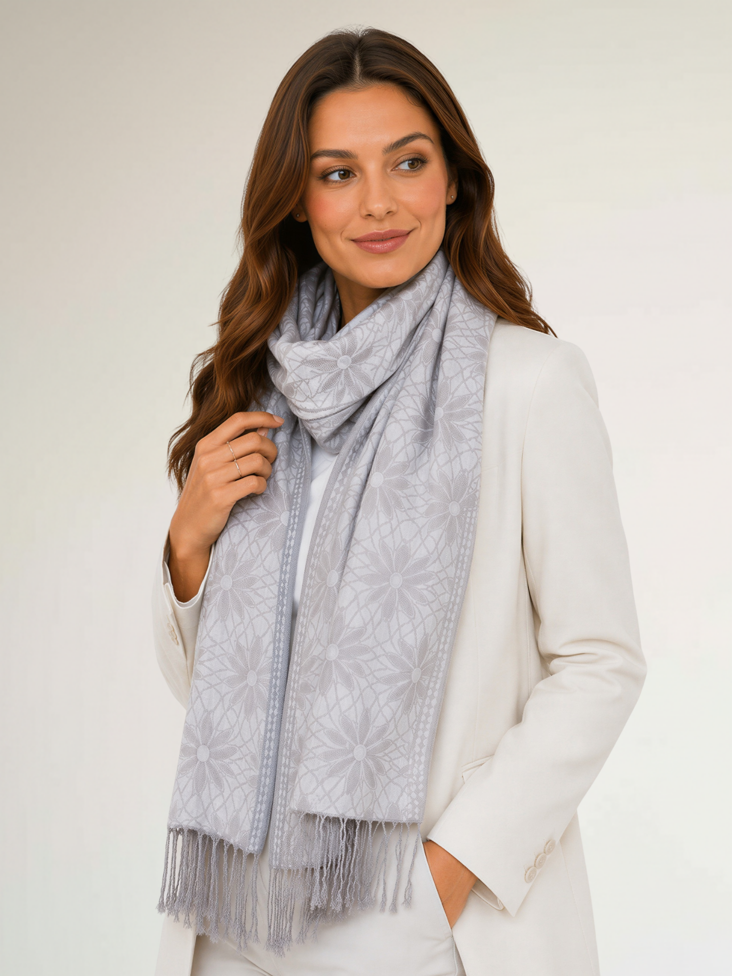LARGE SILVER FLORAL DAISY PRINT GEOMETRIC REVERSIBLE PASHMINA SHAWL SCARF