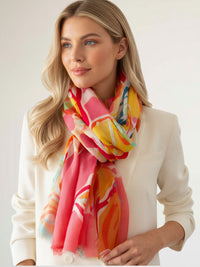 LARGE CORAL PINK BRIGHT FLORAL COTTON MIX SCARF
