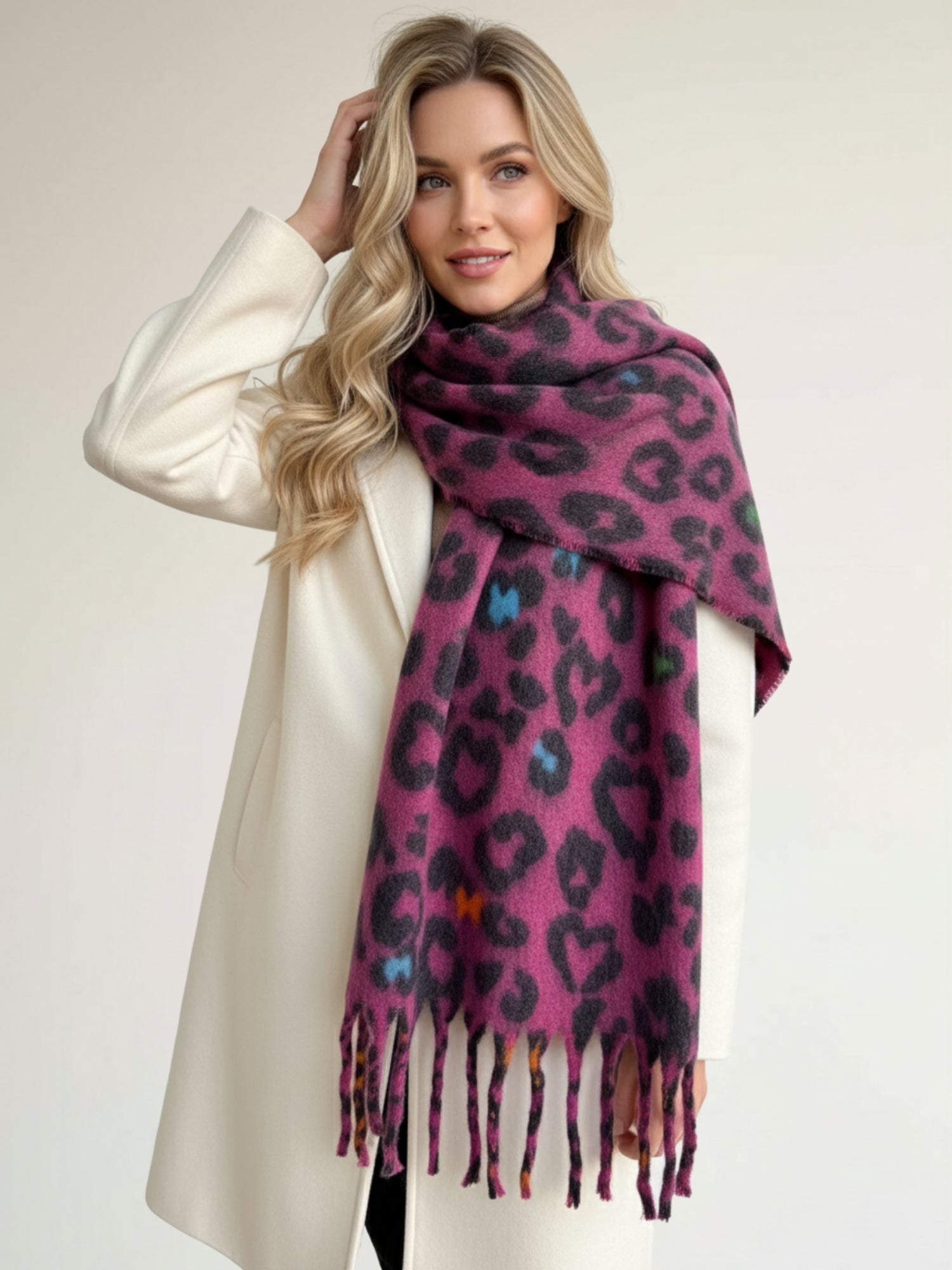 FUCHSIA PINK HEART LEOPARD PRINT OVERSIZED BLANKET SCARF SHAWL WRAP