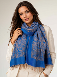 ROYAL BLUE PAISLEY PRINT REVERSIBLE PASHMINA SHAWL SCARF - A-SHU.CO.UK