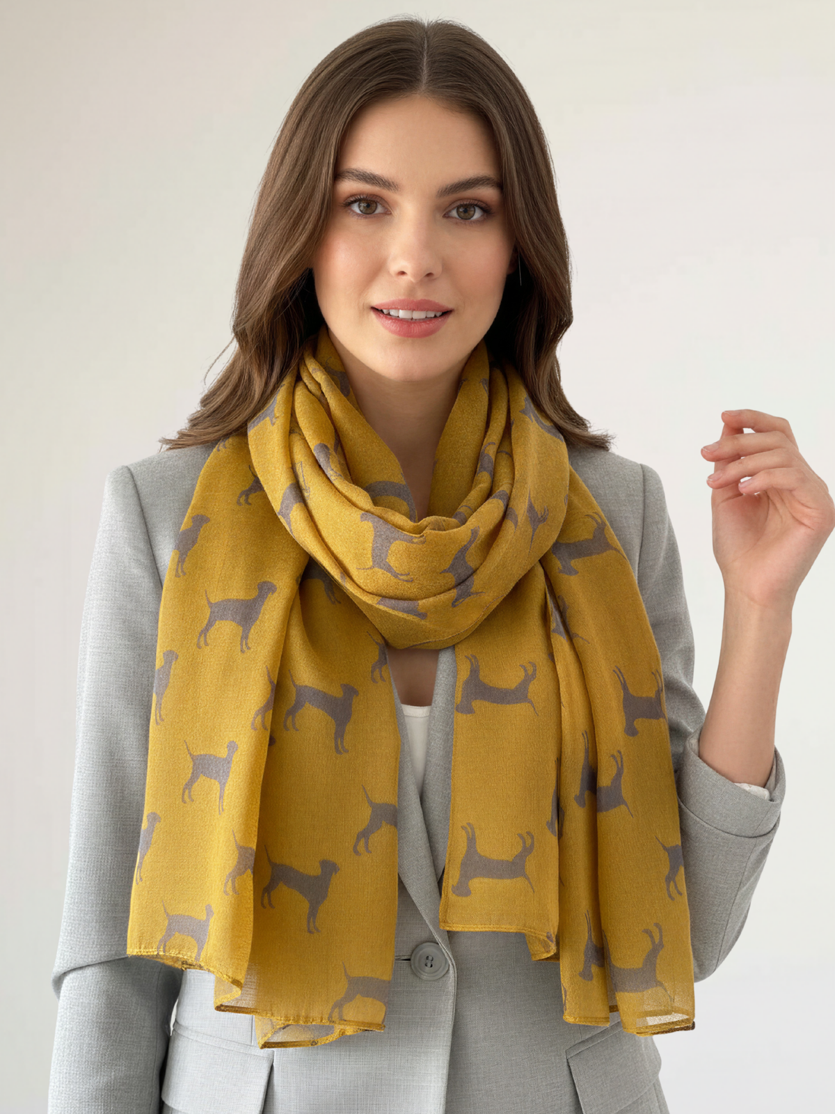 LIGHTWEIGHT MUSTARD YELLOW DOG PRINT SHEER NECK SCARF - A-SHU.CO.UK