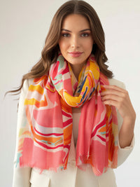 LARGE CORAL PINK BRIGHT FLORAL COTTON MIX SCARF