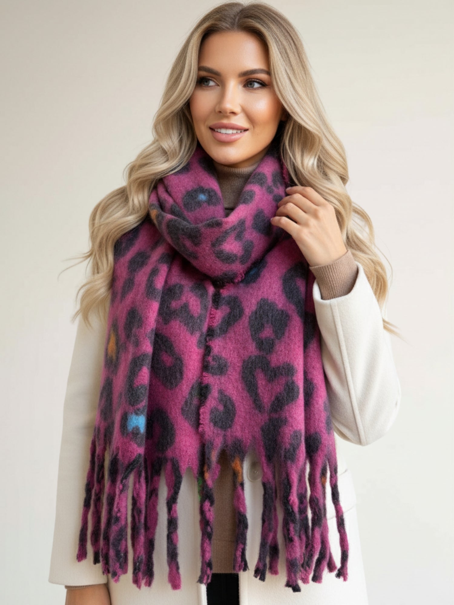 FUCHSIA PINK HEART LEOPARD PRINT OVERSIZED BLANKET SCARF SHAWL WRAP