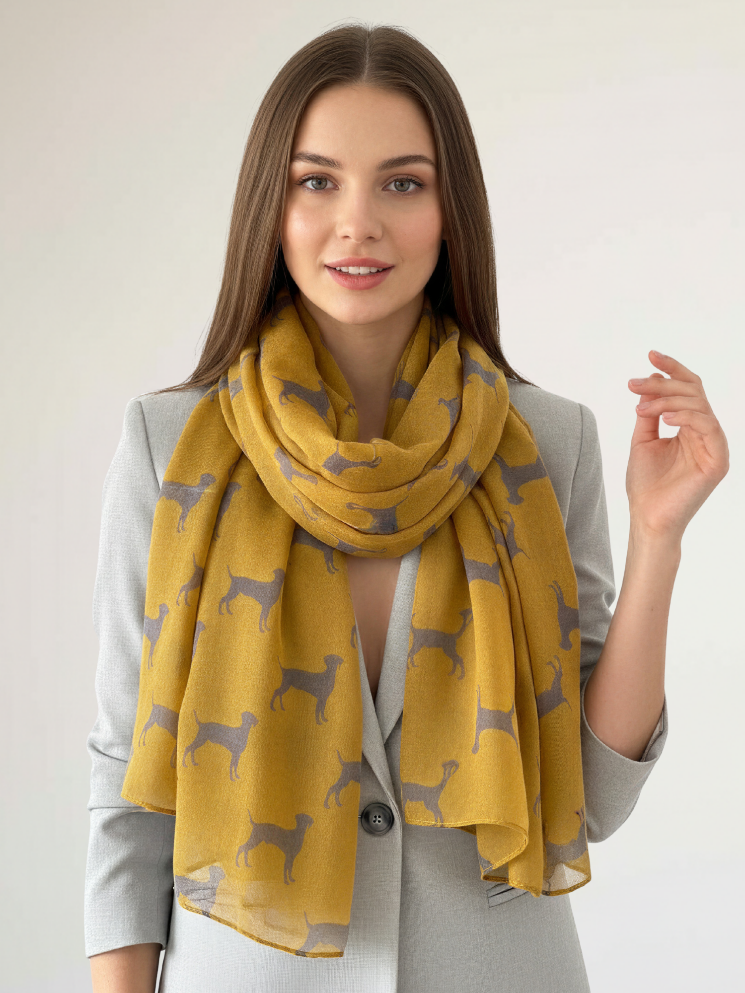 LIGHTWEIGHT MUSTARD YELLOW DOG PRINT SHEER NECK SCARF - A-SHU.CO.UK