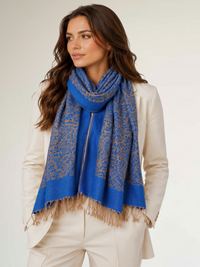 ROYAL BLUE PAISLEY PRINT REVERSIBLE PASHMINA SHAWL SCARF - A-SHU.CO.UK