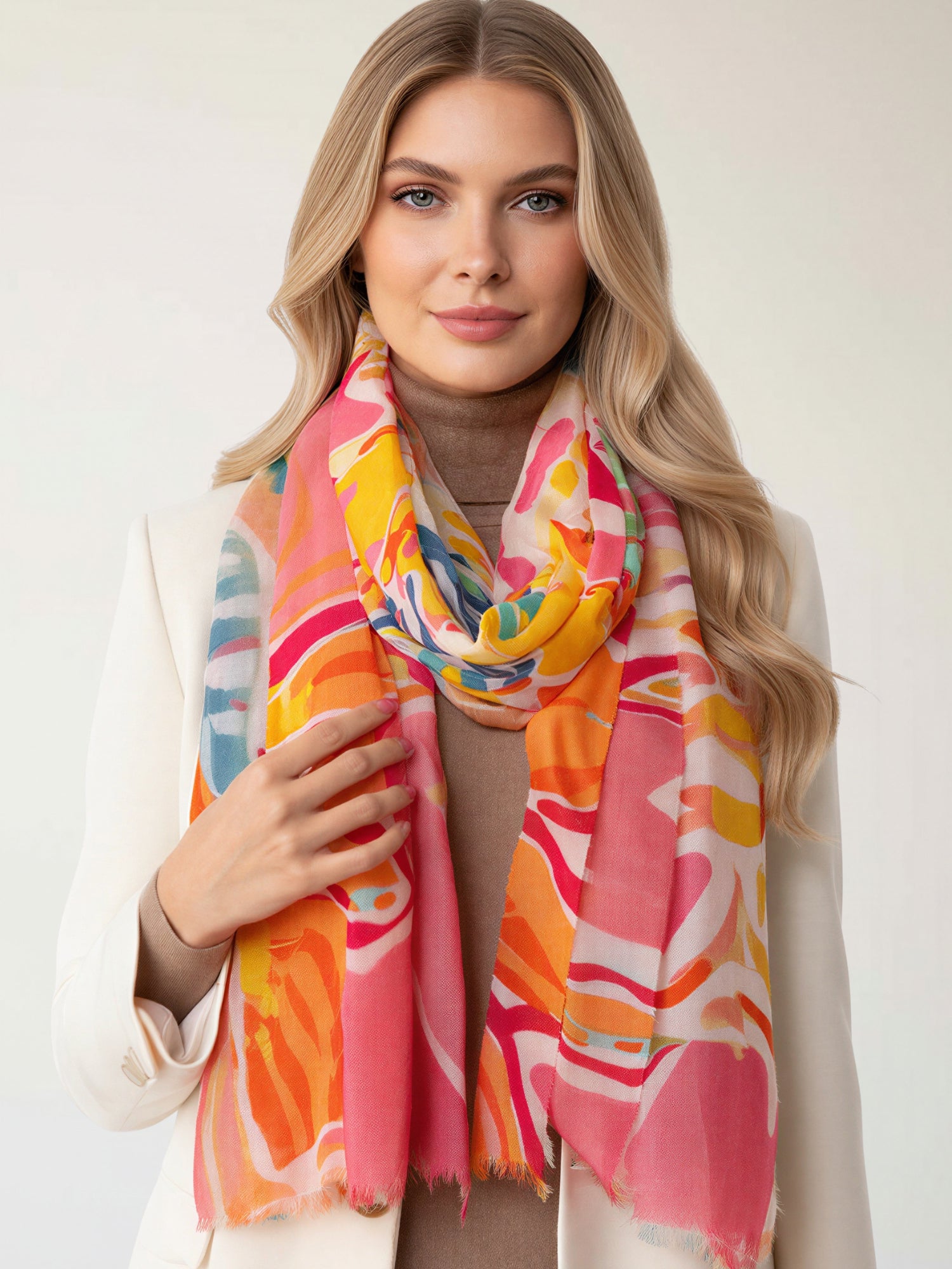 LARGE CORAL PINK BRIGHT FLORAL COTTON MIX SCARF