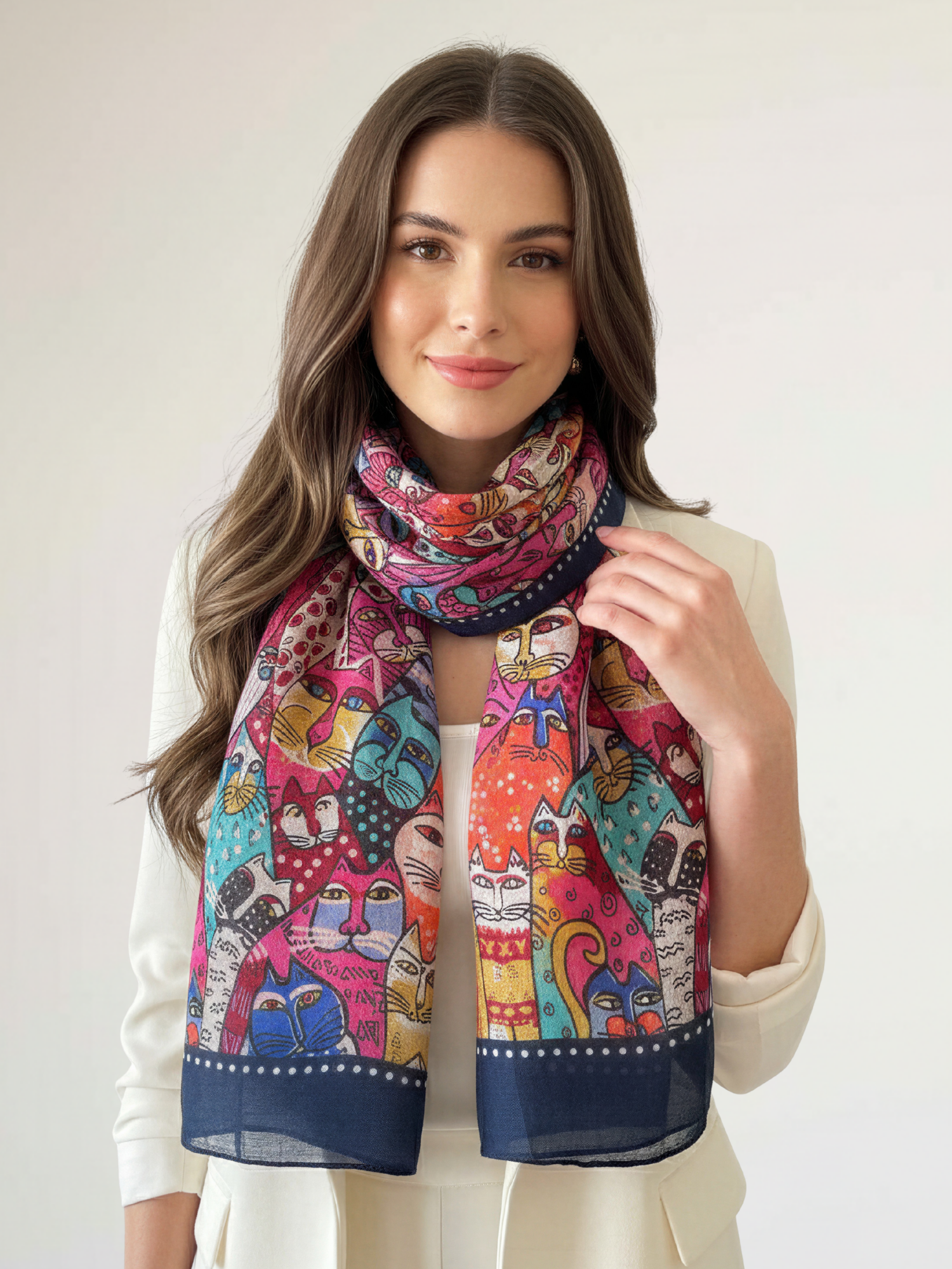 NAVY BLUE ANIMATED LIGHTWEIGHT RAINBOW CAT SCARF - A-SHU.CO.UK