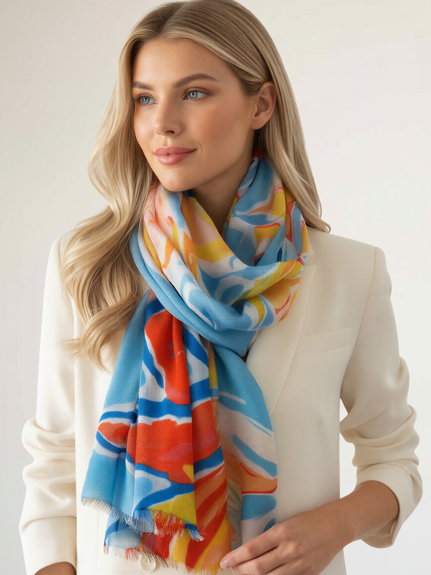 LARGE BLUE ORANGE BRIGHT FLORAL COTTON MIX SCARF