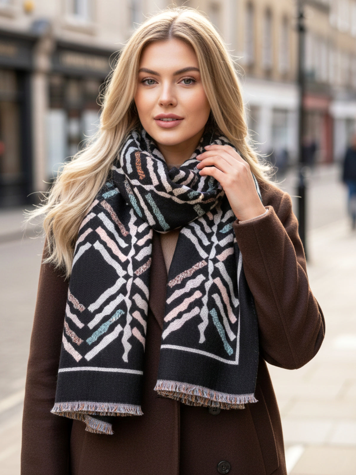 LARGE BLACK RETRO PRINT REVERSIBLE WOOL WINTER SHAWL BLANKET SCARF