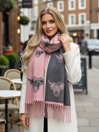LARGE LIGHT PINK HIGHLAND COW CASHMERE REVERSIBLE SHAWL SCARF