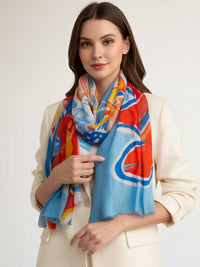 LARGE BLUE ORANGE BRIGHT FLORAL COTTON MIX SCARF