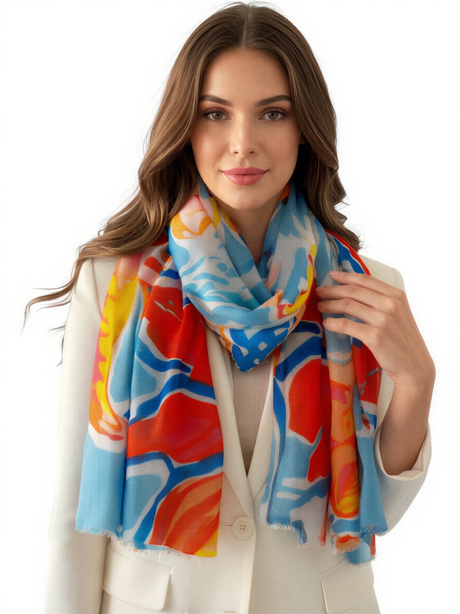 LARGE BLUE ORANGE BRIGHT FLORAL COTTON MIX SCARF