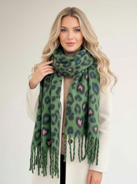 GREEN HEART LEOPARD PRINT OVERSIZED BLANKET SCARF SHAWL WRAP