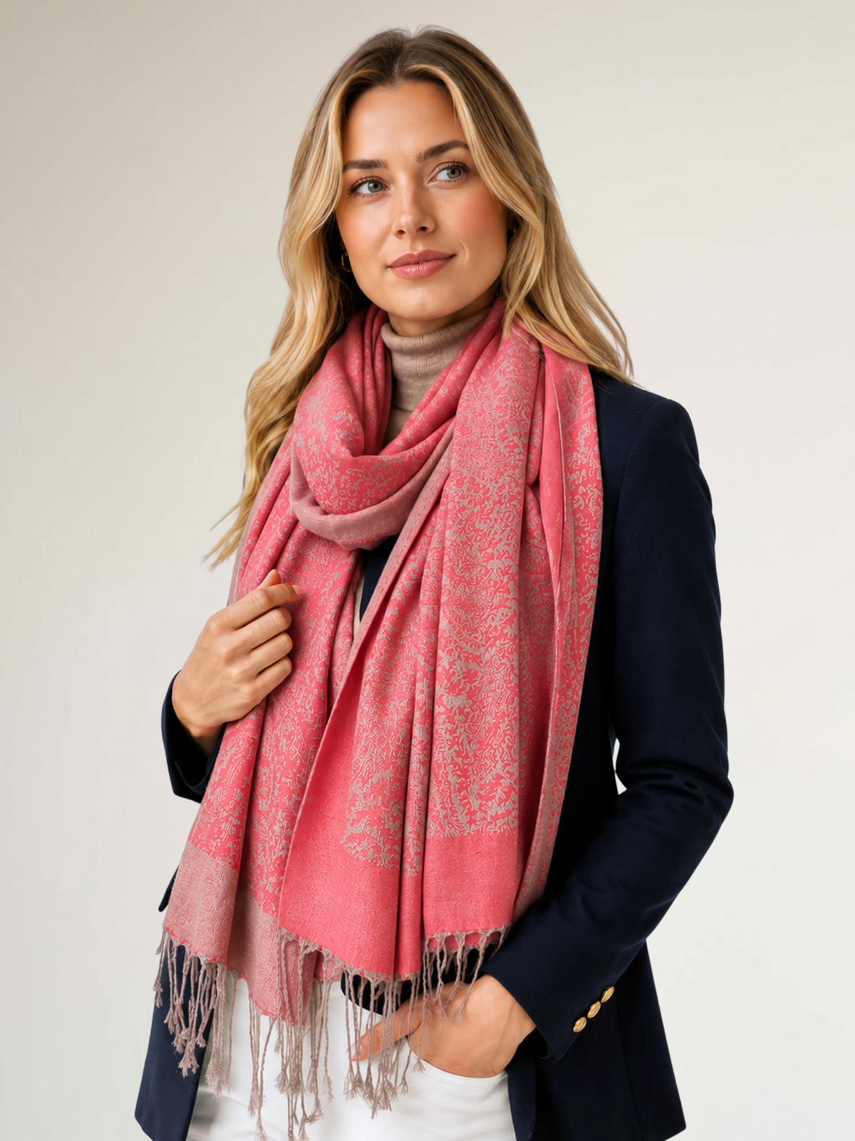 CORAL PAISLEY PRINT REVERSIBLE PASHMINA SHAWL SCARF - A-SHU.CO.UK