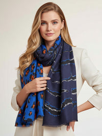 LARGE BLUE ZEBRA AND LEOPARD PRINT SHAWL SCARF