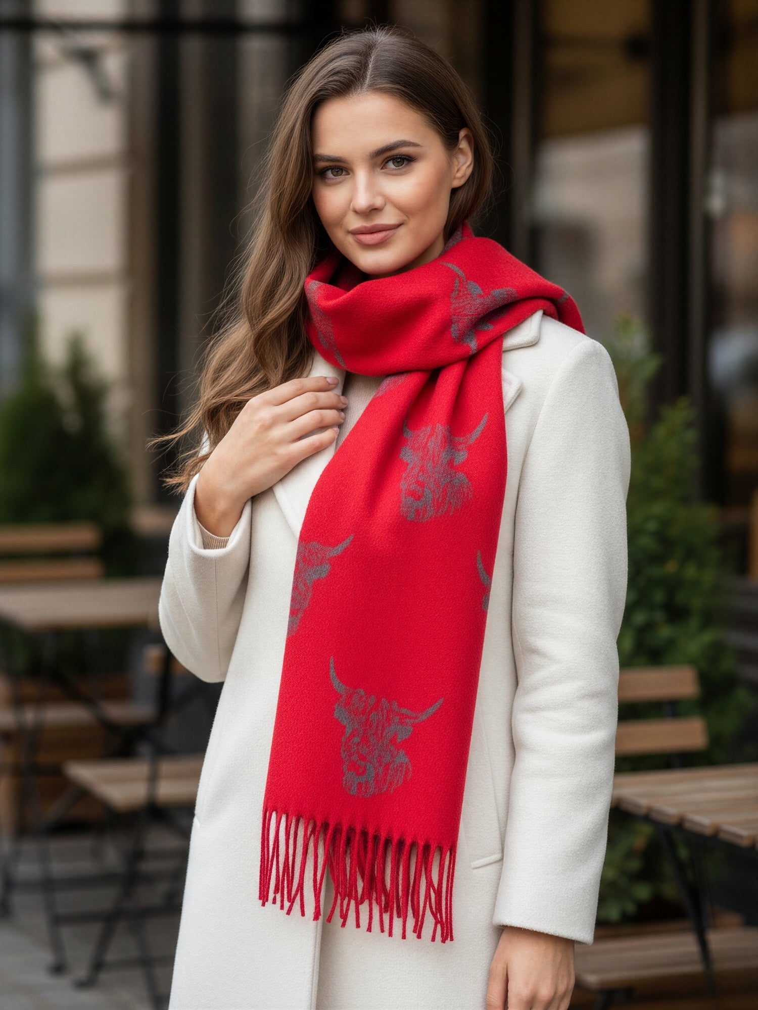 CASHMERE HIGHLAND COW PRINT REVERSIBLE WINTER SHAWL BLANKET SCARF - RED