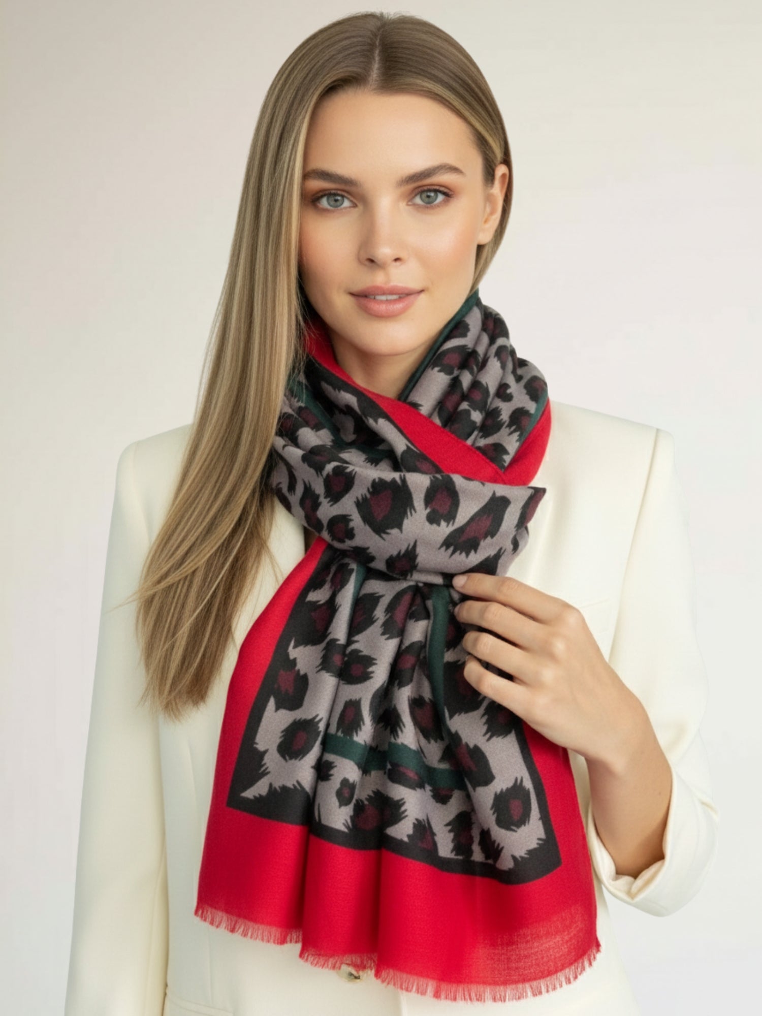 LARGE RED STRIPE LEOPARD PRINT SHAWL SCARF