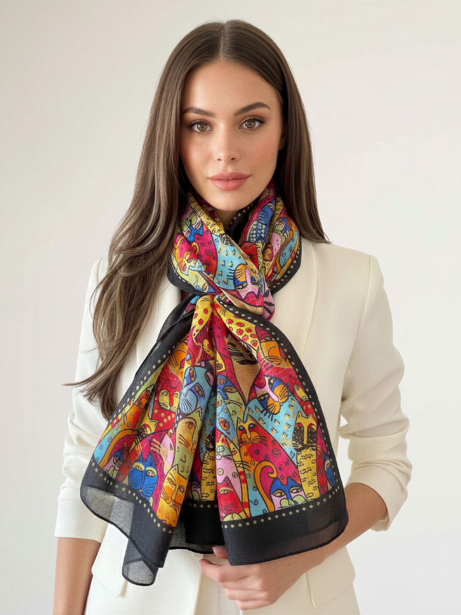 BLACK ANIMATED LIGHTWEIGHT RAINBOW CAT SCARF - A-SHU.CO.UK