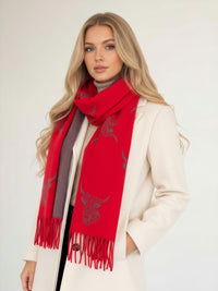 CASHMERE HIGHLAND COW PRINT REVERSIBLE WINTER SHAWL BLANKET SCARF - RED