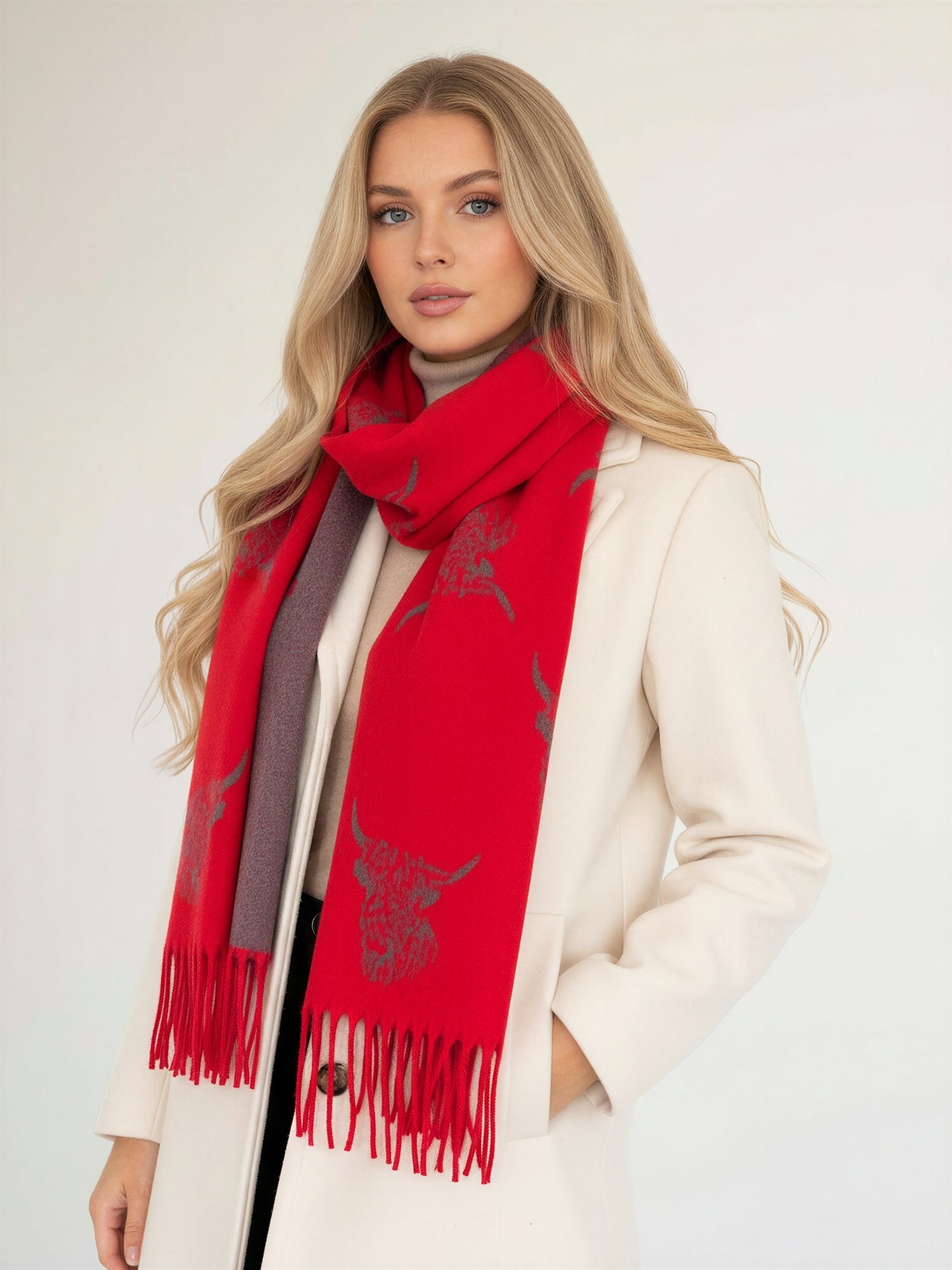 CASHMERE HIGHLAND COW PRINT REVERSIBLE WINTER SHAWL BLANKET SCARF - RED