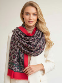 LARGE RED STRIPE LEOPARD PRINT SHAWL SCARF