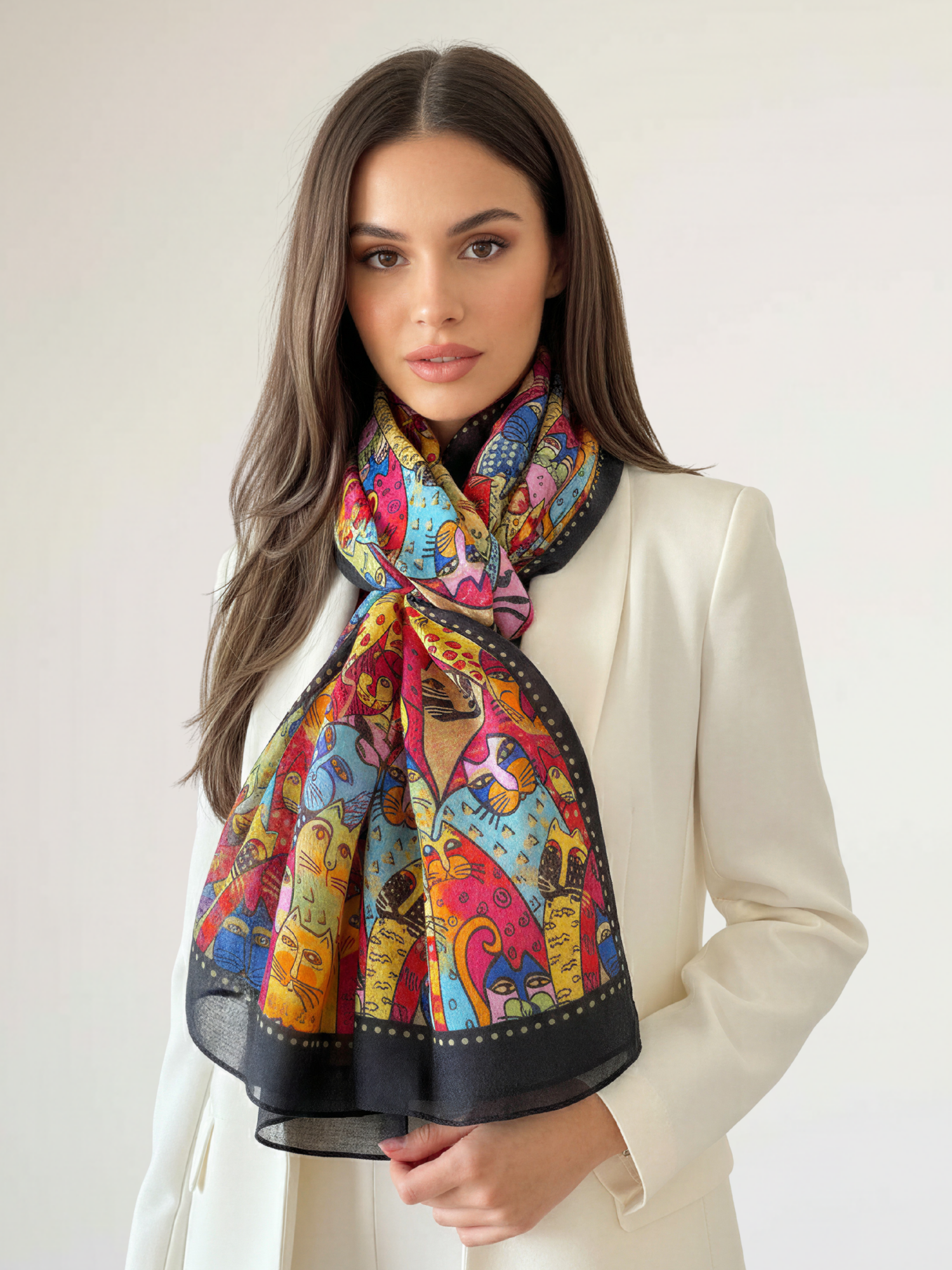 BLACK ANIMATED LIGHTWEIGHT RAINBOW CAT SCARF - A-SHU.CO.UK