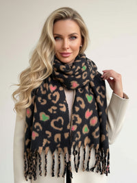 BLACK HEART LEOPARD PRINT OVERSIZED BLANKET SCARF SHAWL WRAP