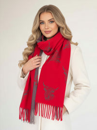 CASHMERE HIGHLAND COW PRINT REVERSIBLE WINTER SHAWL BLANKET SCARF - RED