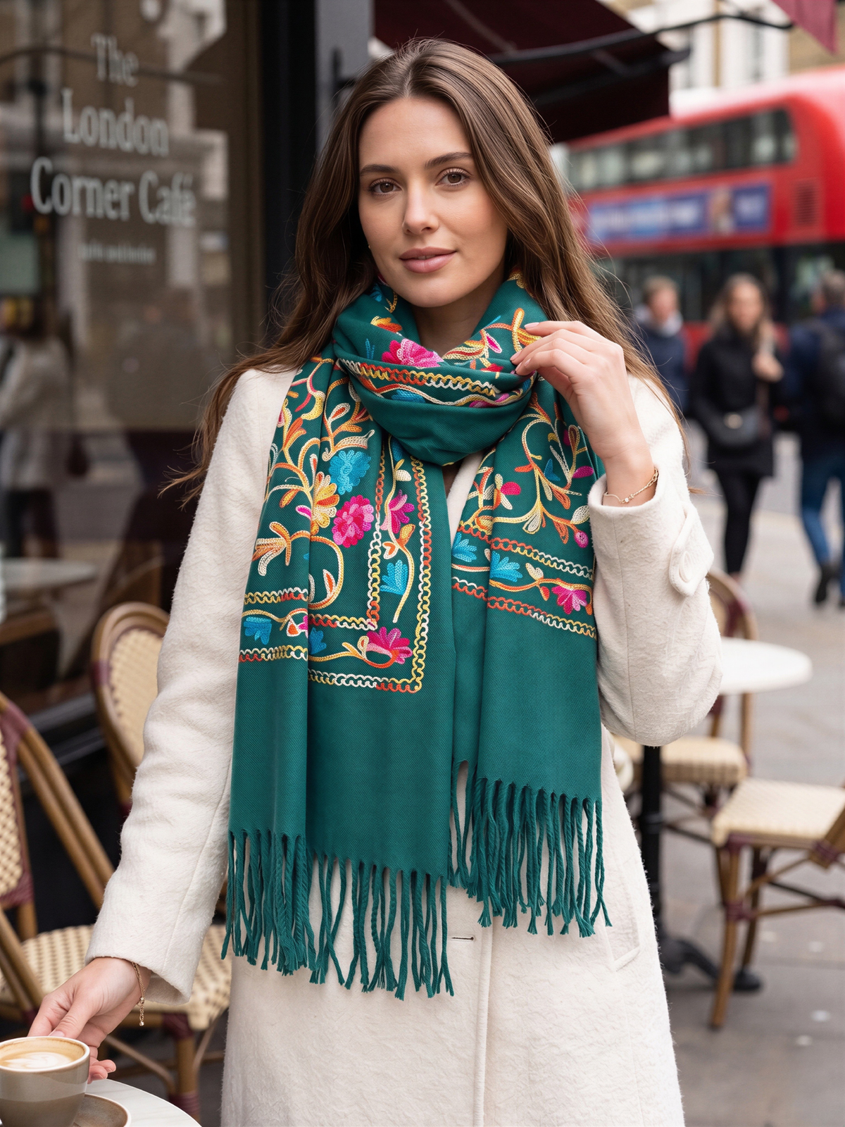 LARGE GREEN FLOWER PRINT CASHMERE COTTON BLEND WINTER SHAWL BLANKET SCARF