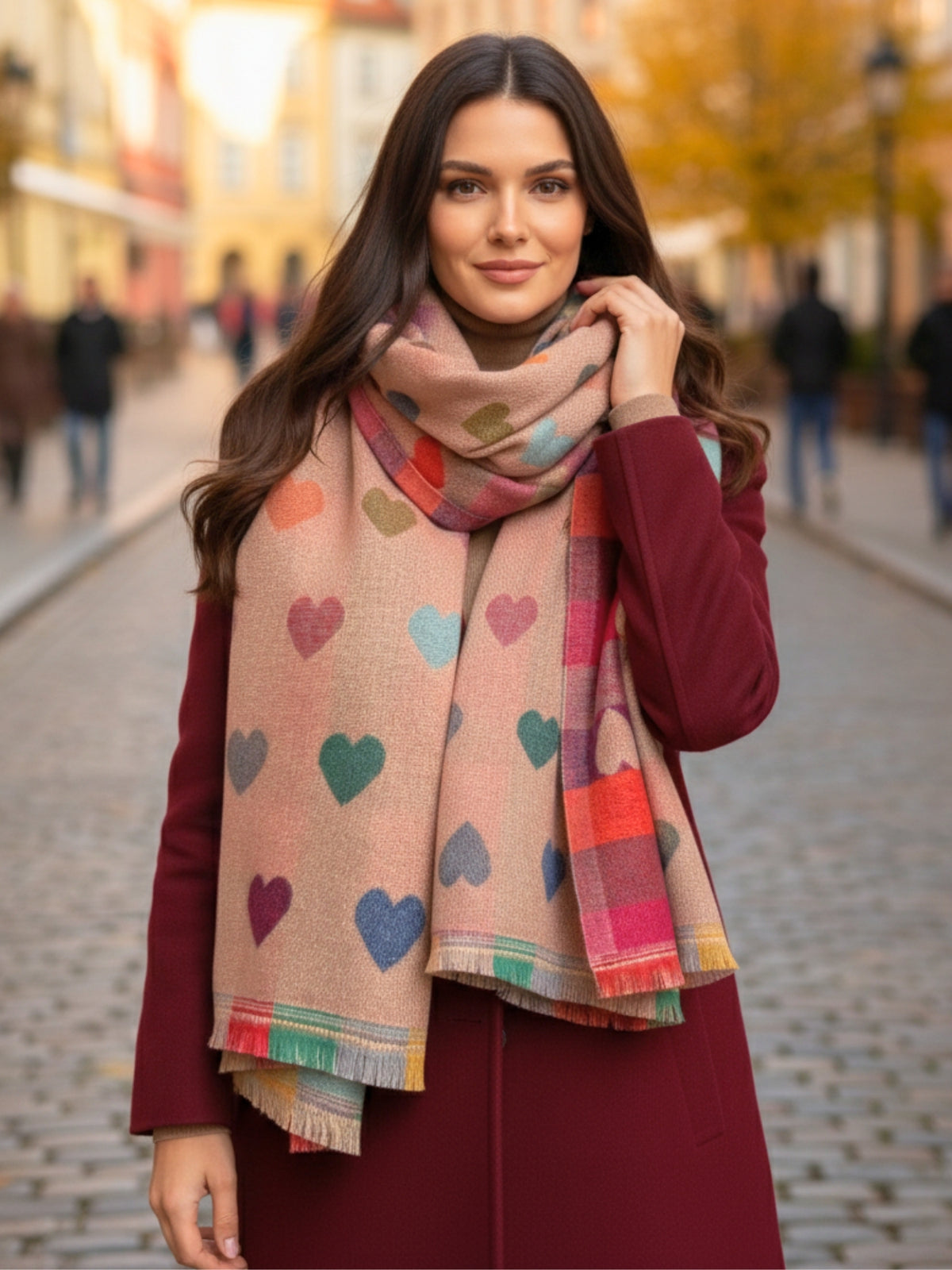 LARGE CHECKED HEART PRINT REVERSIBLE WINTER SHAWL BLANKET SCARF - PINK