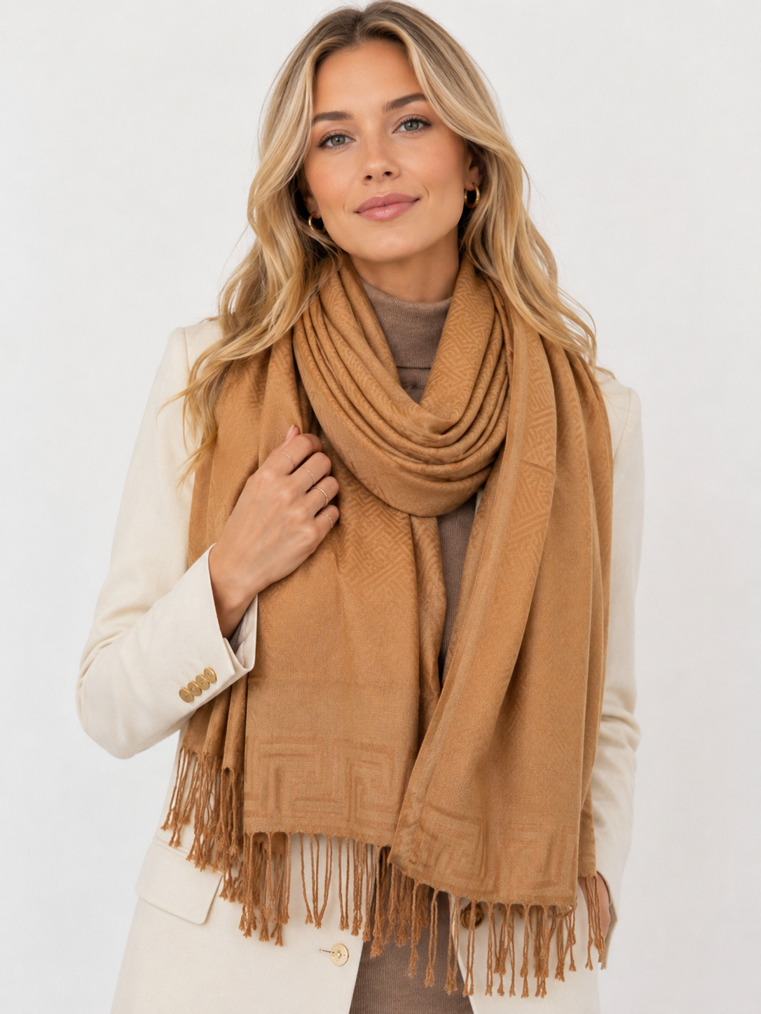 GEOMETRIC GOLDEN BEIGE LIGHTWEIGHT PASHMINA SHAWL SCARF - A-SHU.CO.UK