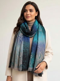 LARGE REVERSIBLE BLUE OMBRE PAISLEY PRINT PASHMINA SHAWL SCARF WRAP